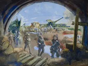 Gouache Prints: Breech-loading railway gun in action, France, WW1