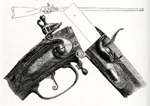 Barrel Prints: Breechloader rifle, in use around 1700. Ammunition is loaded via the rear end of