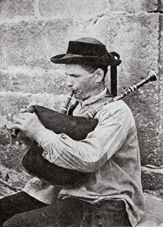 Brittany Collection: Breton musician playing bagpipes, Brittany, Northern France
