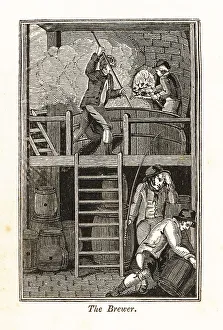 Labor Prints: Brewer stirring mash in a huge vat in a brewery