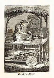 Labor Prints: Brickmaker shaping clay bricks in a mold next to a kiln