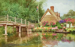 Flatford Prints: Bridge and Thatched Cottage, Flatford, Suffolk