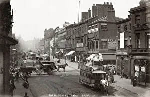 Leeds Prints: Briggate, street in Leeds, horse drawn trams