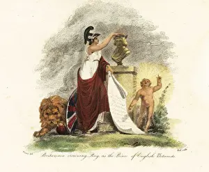 Thomas Uwins Prints: Britannia crowning John Ray as the Prince of English Botanists