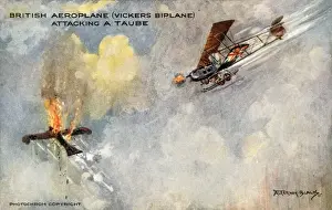 Taube Prints: British Aeroplane (Vickers Biplane) attacking a Taube