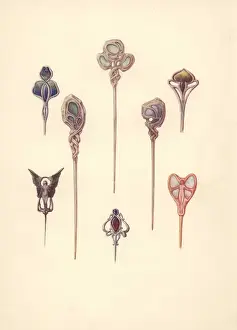 Fans Prints: British art nouveau hair pins in silver, gold and enamel