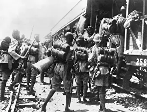 Nigeria Prints: British battalion boarding a train for Cameroon, Africa, WW1