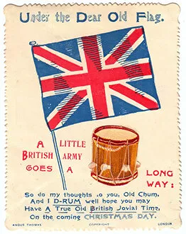 British flag and drum with comic verse on a Christmas card