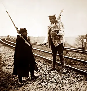 British and French sentries guarding a railway line - WW1