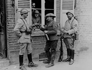 Enjoying Prints: British and French soldiers enjoying a drink, WW1