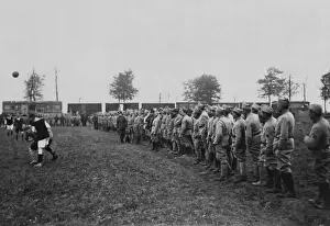 British and French soldiers playing football, WW1
