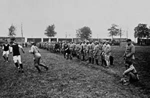 British and French soldiers playing football, WW1