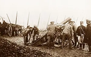Placing Prints: British gunners place a line of artillery in position - WW1
