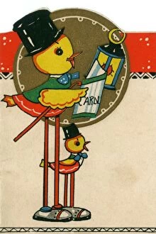 Carol Collection: British Kitsch Art Deco Christmas Card, Carol Singing Chicks
