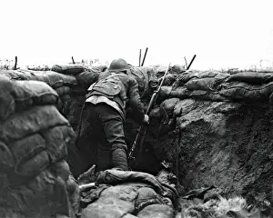 Sandbags Prints: British lookout soldier in trench, Western Front, WW1