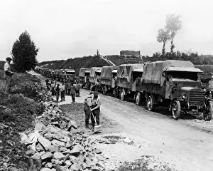 Convoy Prints: British lorries on a road, Western Front, WW1