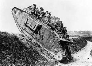 Western Gallery: British Mark IV tank with Canadian soldiers, WW1