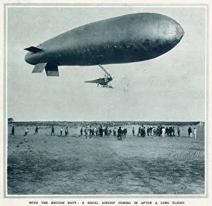 Airships Gallery: A British naval airship coming in to land after a long flight. Date: 1916