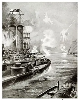 Tigris Prints: British Navy attacking Turkish forces, River Tigris, WW1