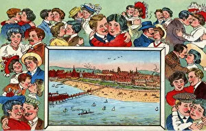 British Seaside scene, surrounded by kissing couples
