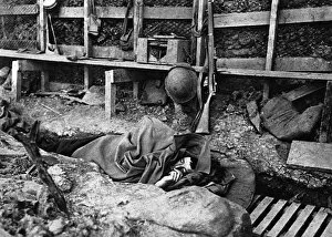 British soldier asleep in a trench
