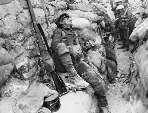 British soldier asleep in trench, 1916
