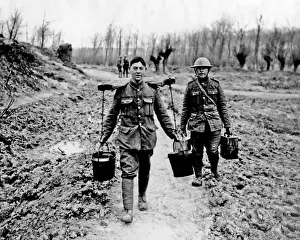 Buckets Prints: British soldier carrying water, Western Front, WW1