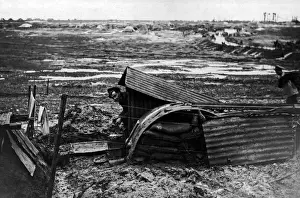 Corrugated Prints: British soldier in dugout, Western Front, WW1