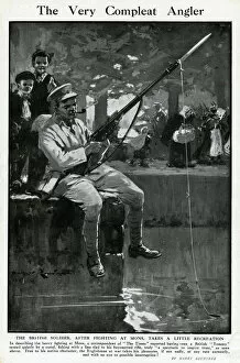Mons Collection: British soldier fishing with bayoneted rifle, WW1