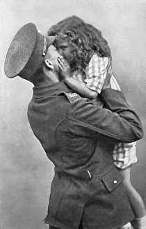 Goodbye Prints: British soldier gets a kiss goodbye, WW1
