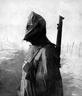 Poisonous Prints: British soldier in a new gas-mask