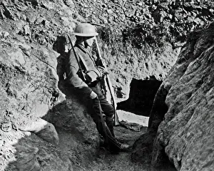 Sentry Prints: British soldier standing sentry in a trench, WW1