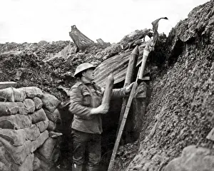 Sandbags Prints: British soldier in trench with signal rockets, WW1