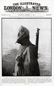 A British soldier wearing a new gas mask on the front cover of The Illustrated London A British soldier wearing a new gas mask on the front cover of The Illustrated London