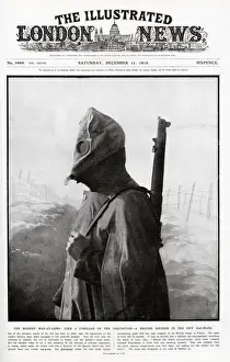 A British soldier wearing a new gas mask on the front cover of The Illustrated London