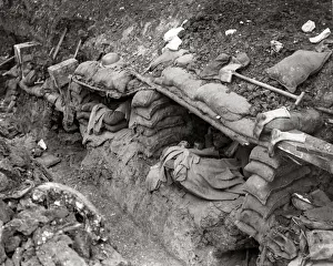 Sandbags Prints: British soldiers asleep in dugout bunks, WW1
