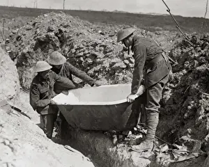 Dugout Prints: British soldiers find bath in abandoned German dugout, WW1