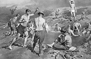 Shell Collection: British soldiers bathing in flooded shell hole by Matania