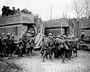Buses Prints: British soldiers boarding buses, Western Front, WW1