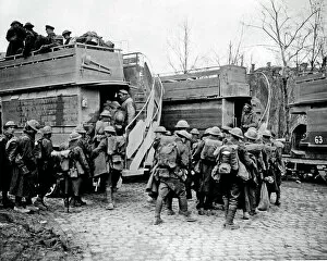 Double Collection: British soldiers boarding buses, Western Front, WW1