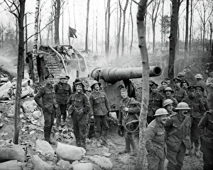 Cambrai Collection: British soldiers with captured German gun, WW1