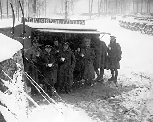 Divisional Prints: British soldiers at divisional canteen in snow, WW1