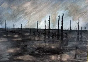 British soldiers going up the line in a torrential rainstorm