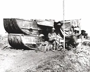 Pontoon Prints: British soldiers sheltering under pontoons, WW1
