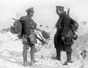 Two British soldiers in the snow, Western Front, WW1