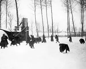 Snowballing Prints: British soldiers in the snow, Western Front, WW1