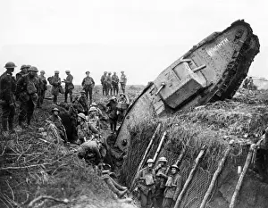 Leicester Prints: British soldiers with tank in trench, Ribecourt, France, WW1