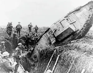 Leicester Prints: British soldiers with tank in trench, Ribecourt, France, WW1