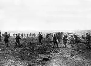 British soldiers and tanks in open country, WW1