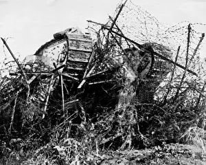 British tank in action, Western Front, France, WW1